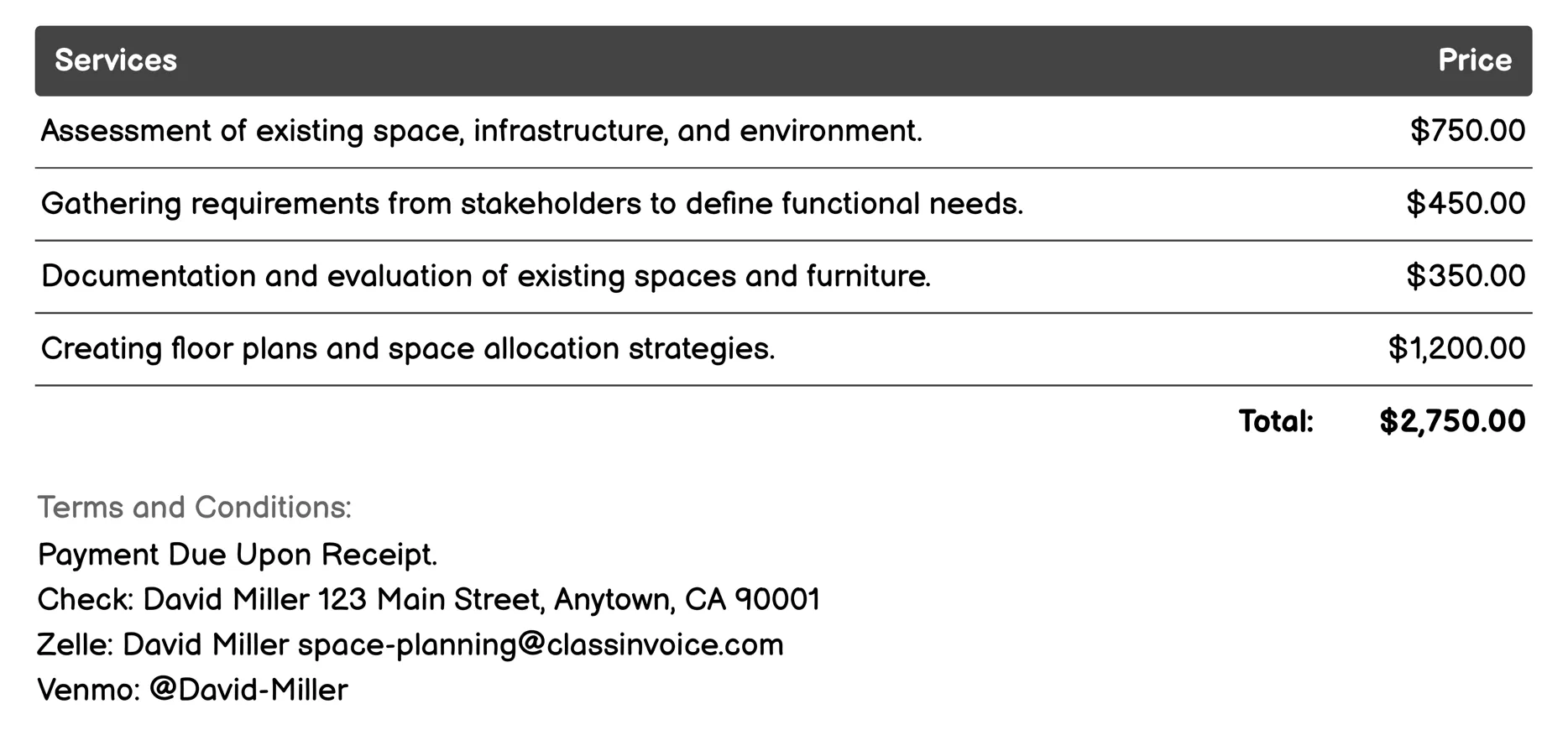Office Space Planning Invoice Example