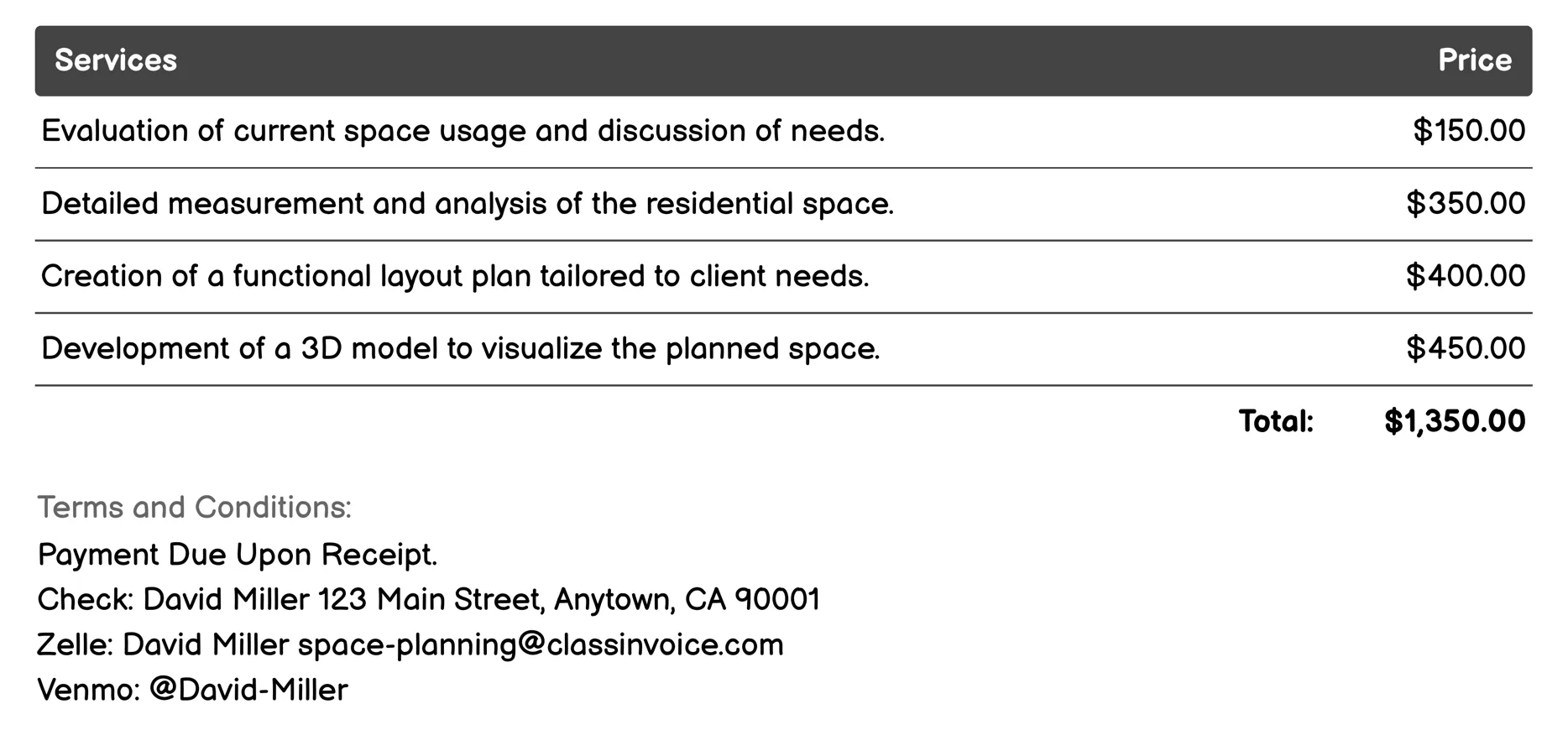 Residential Space Planning Invoice Example