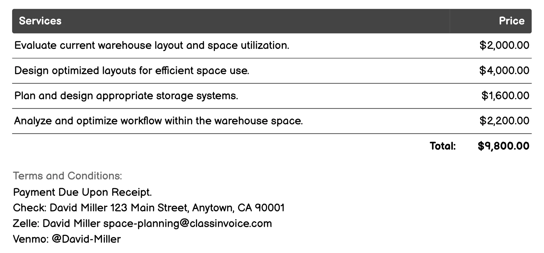 Warehouse Space Planning Invoice Example
