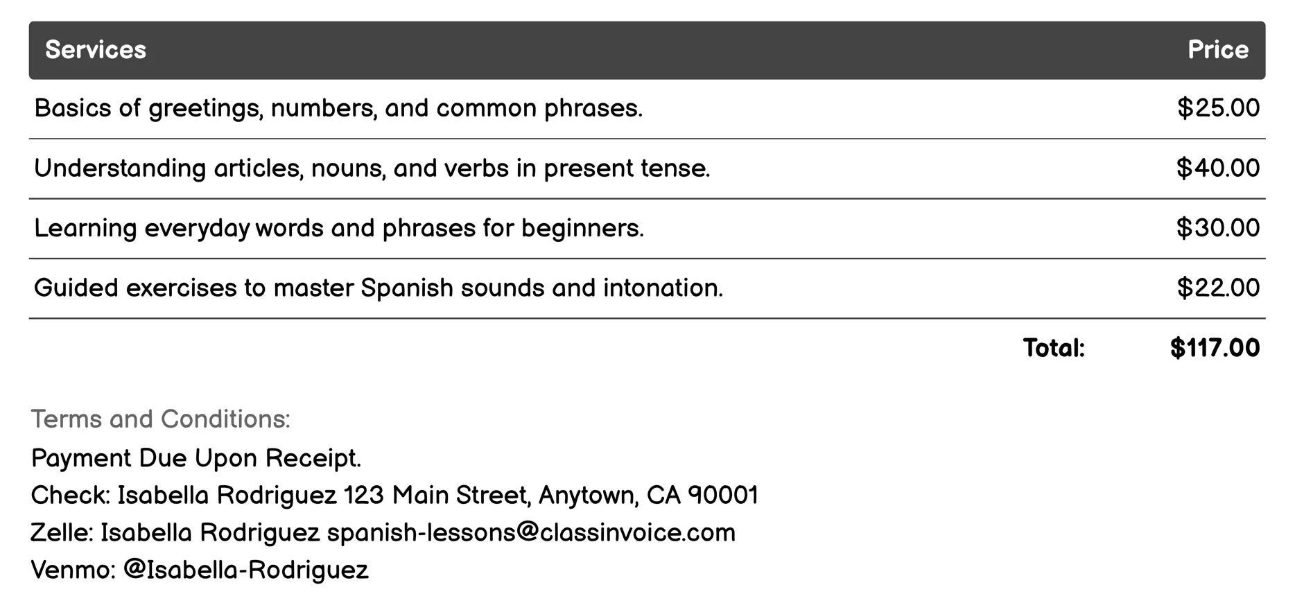 Spanish for Beginners Invoice Example
