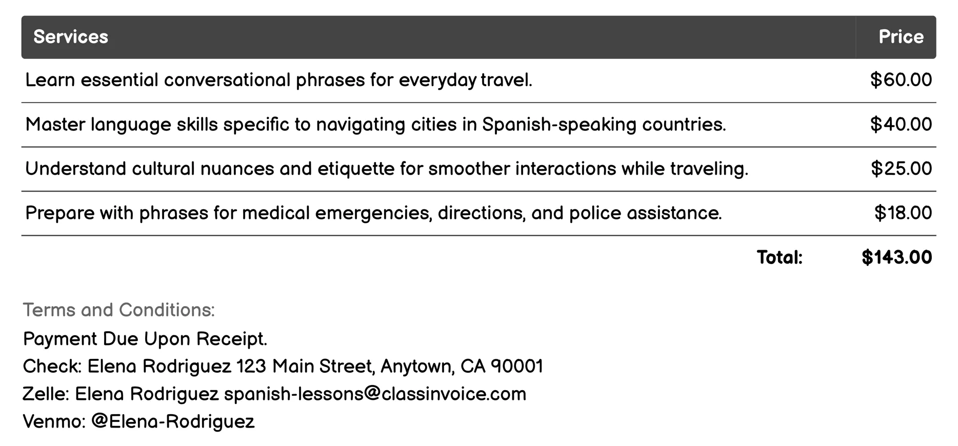 Spanish for Travelers Invoice Example