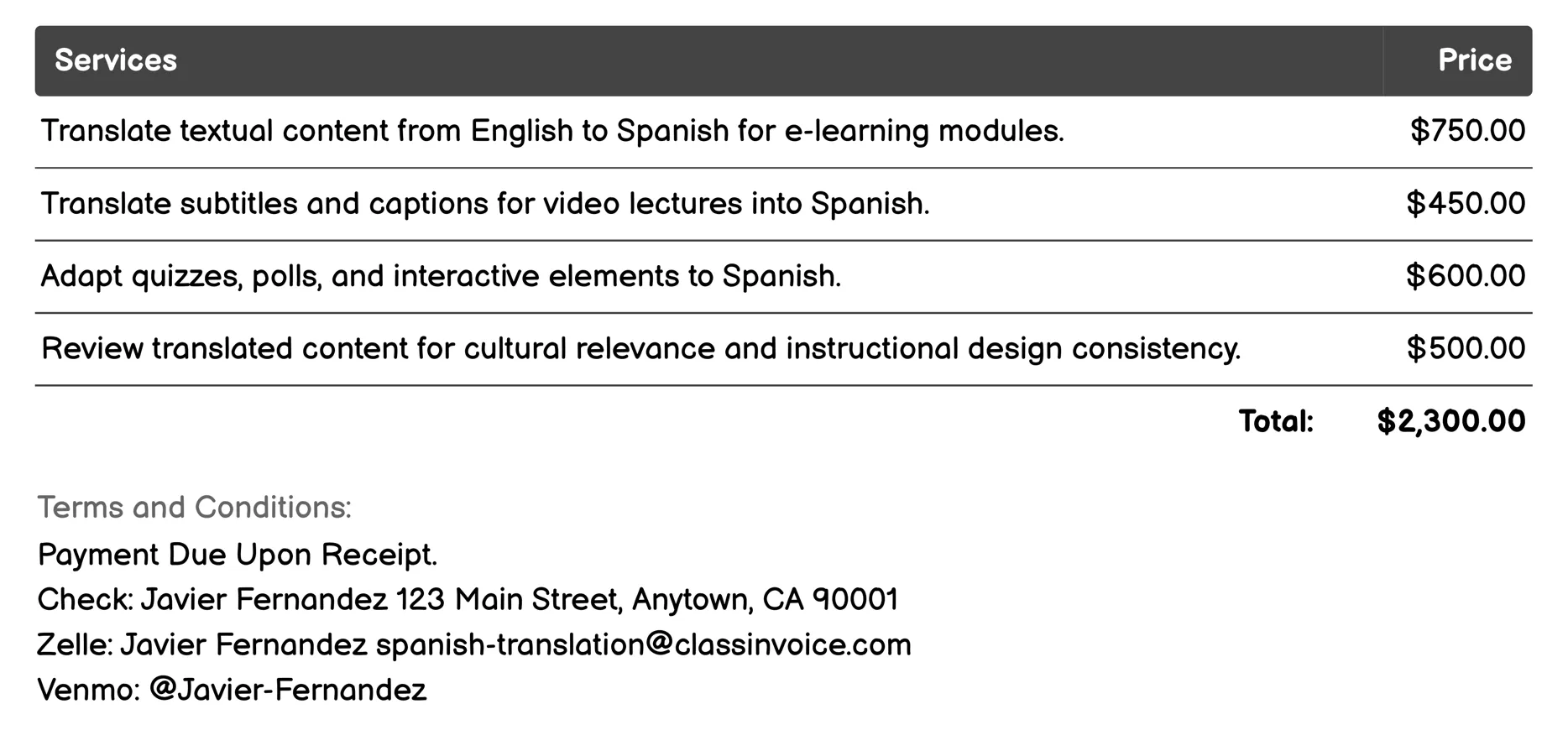 E-learning Content Invoice Example