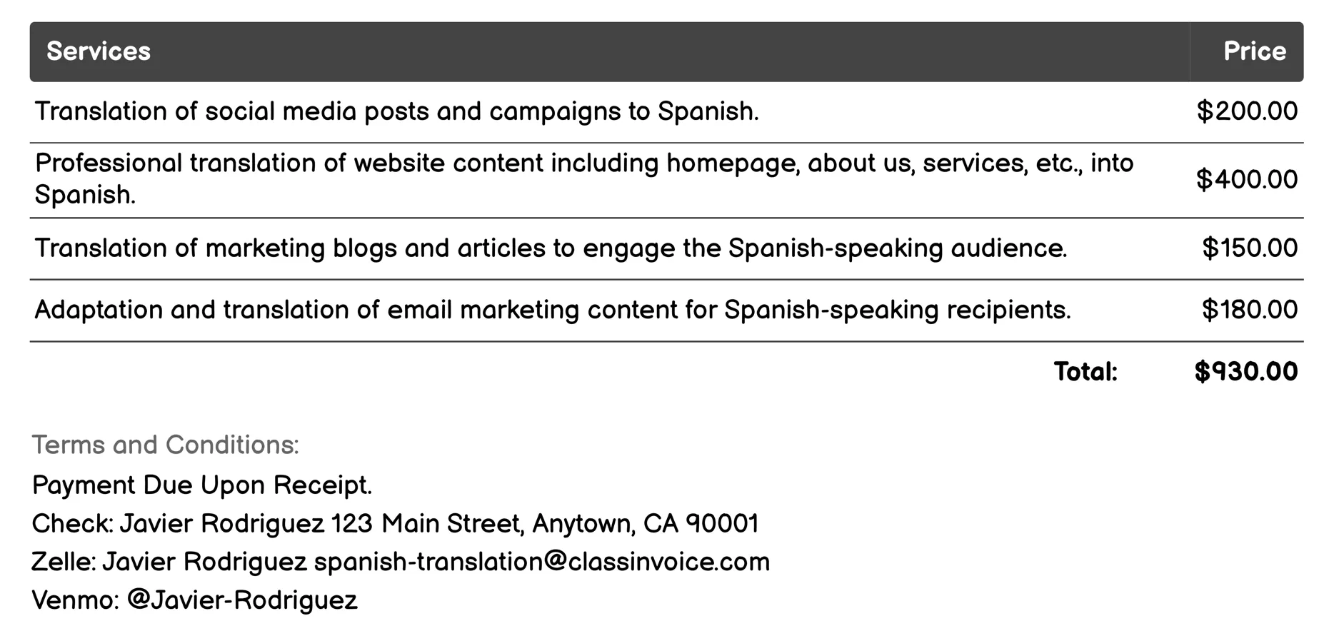 Marketing Content Invoice Example