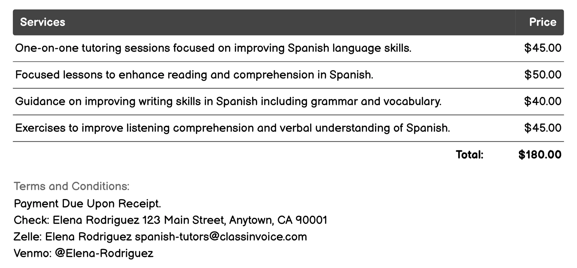 Bilingual Education Support Invoice Example
