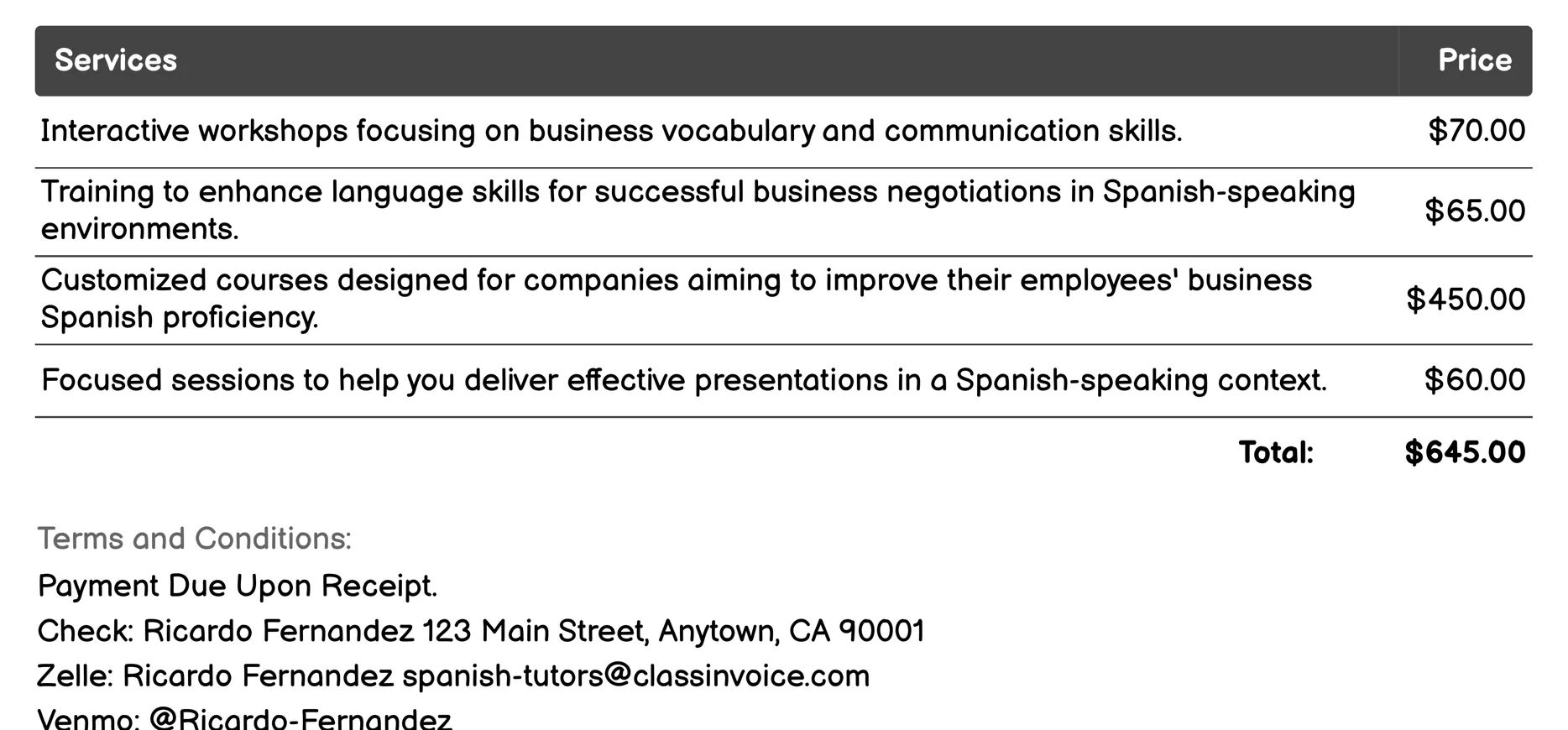 Business Spanish Invoice Example