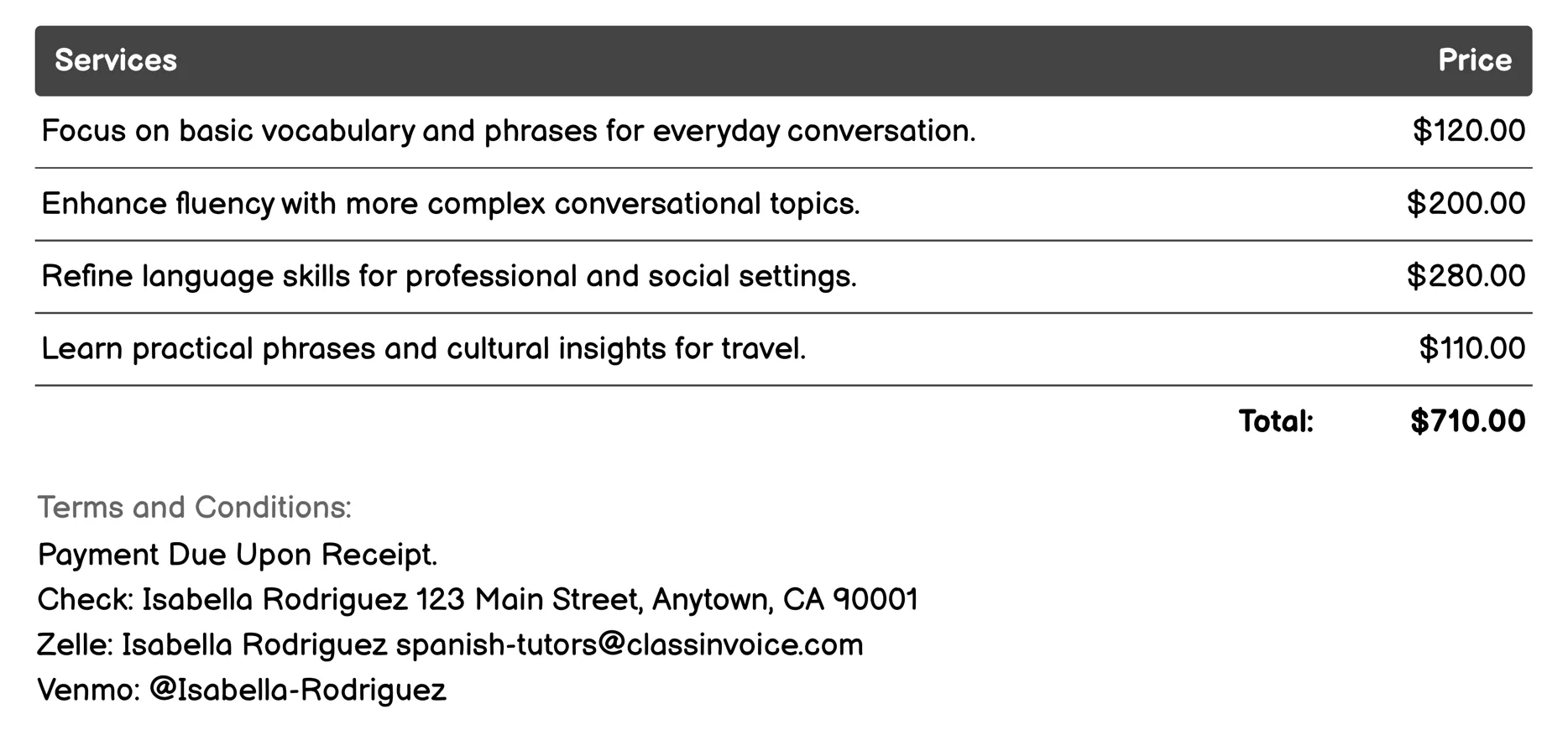 Conversational Spanish Invoice Example