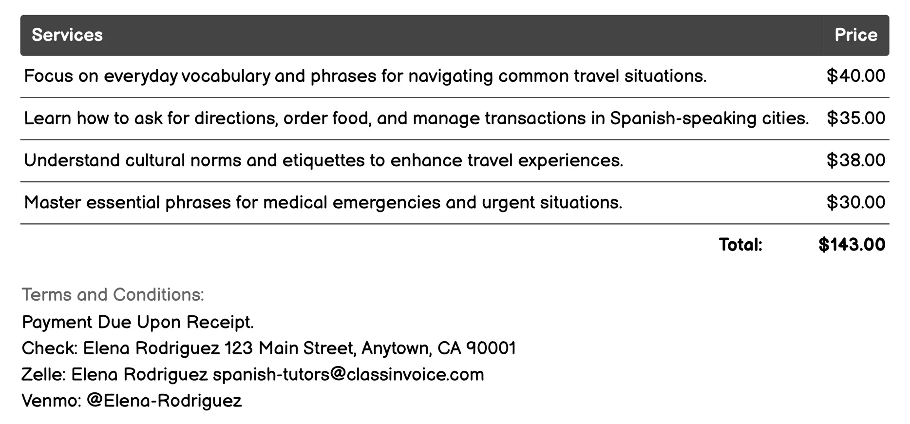 Spanish for Travelers Invoice Example