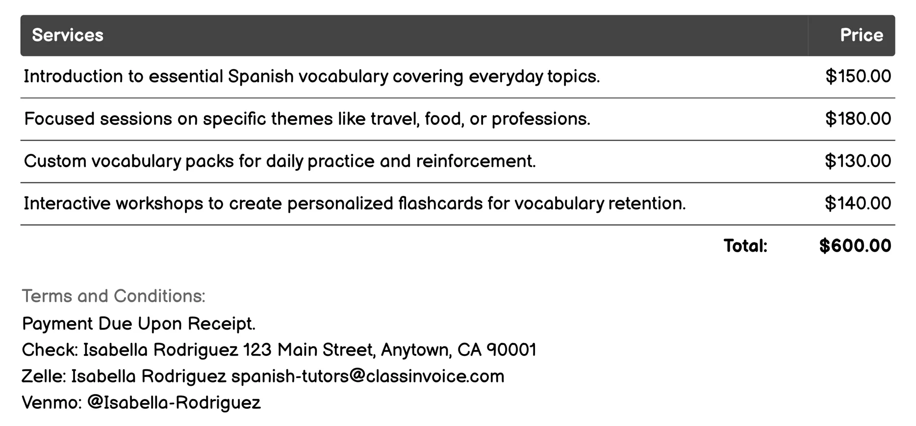 Vocabulary Building Invoice Example