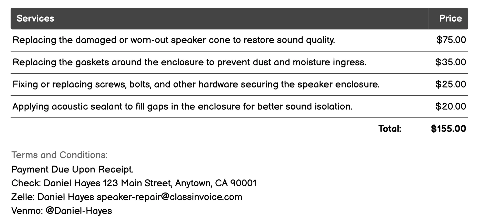 Enclosure Repair Invoice Example