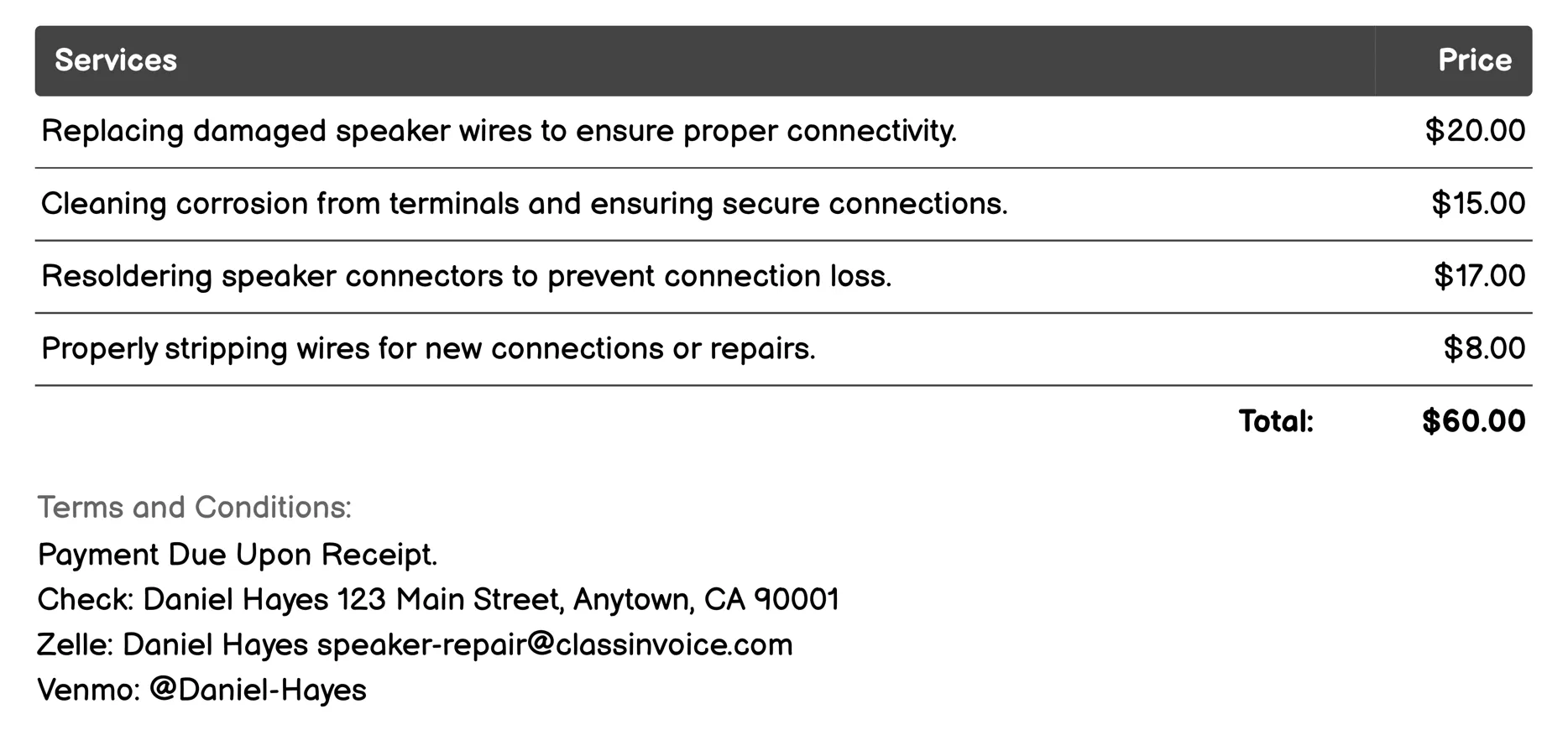 Wire and Terminal Repair Invoice Example
