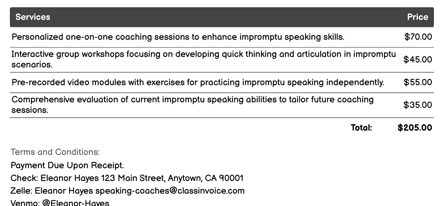 Impromptu Speaking Training Invoice Example