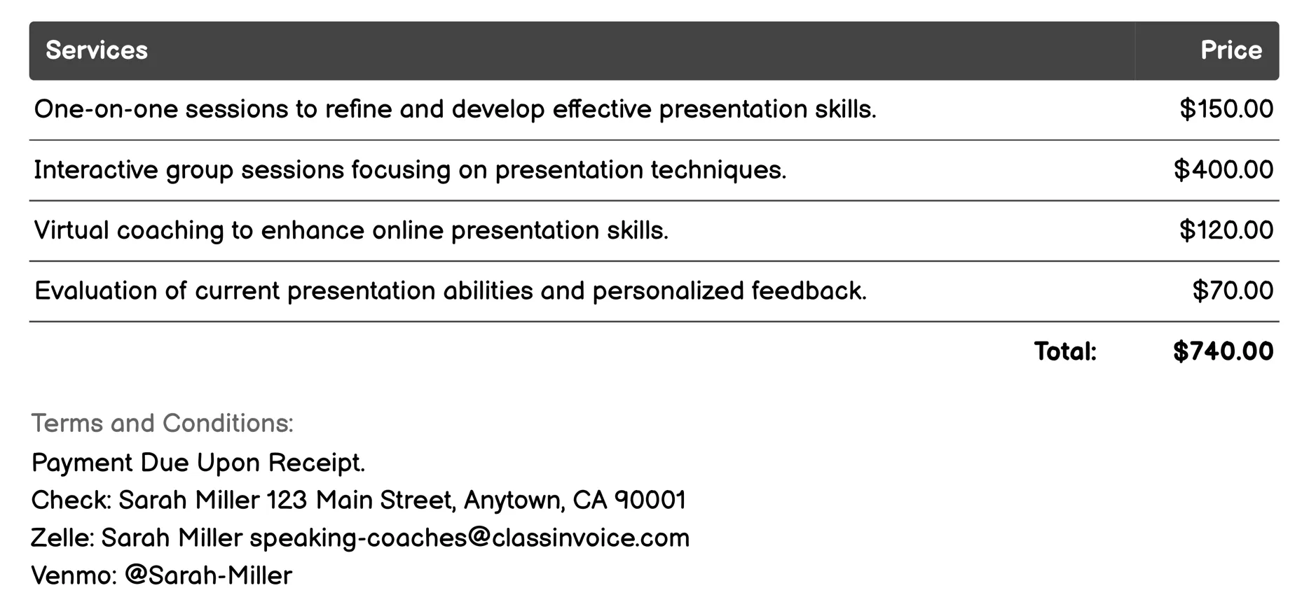 Presentation Skills Development Invoice Example