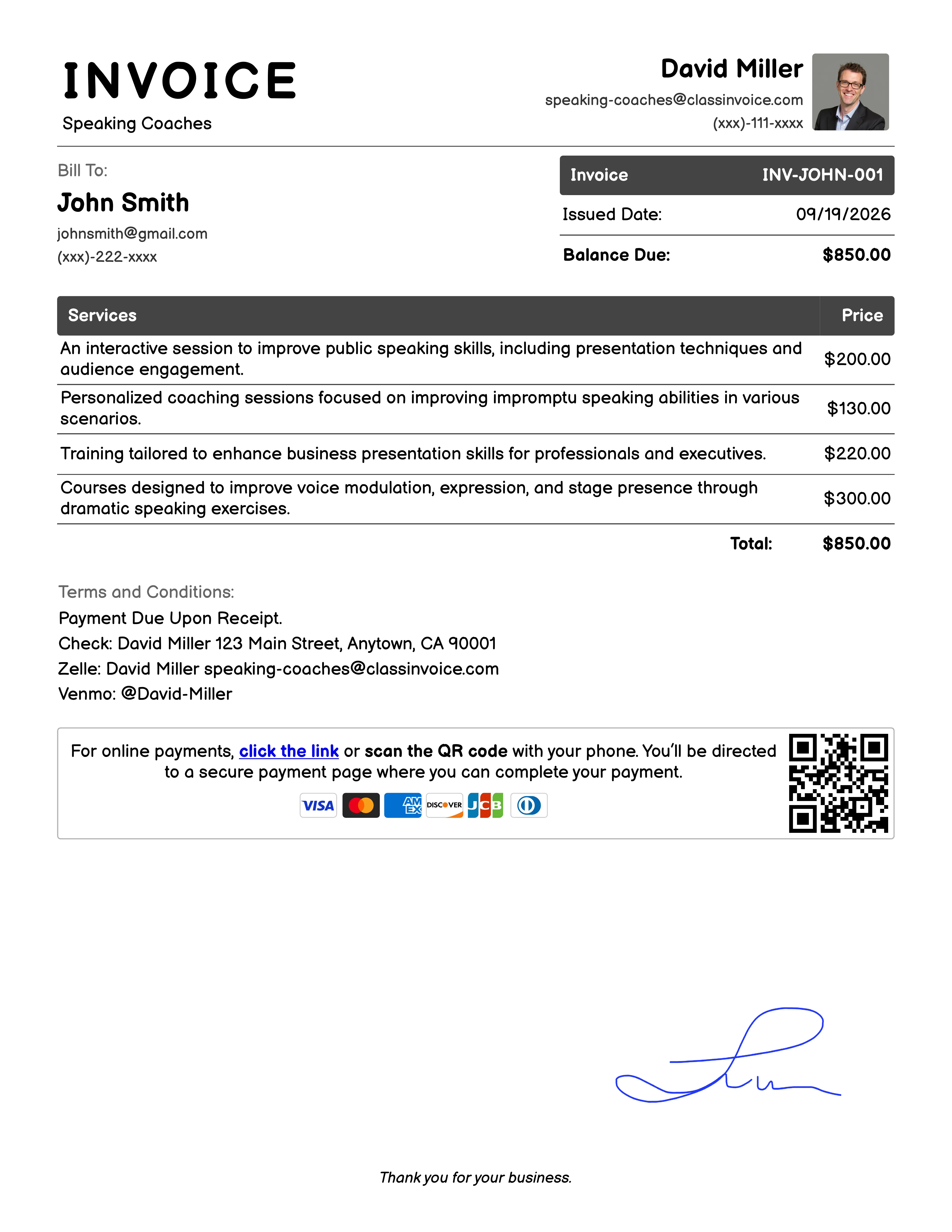Speaking Coaches Invoice Example