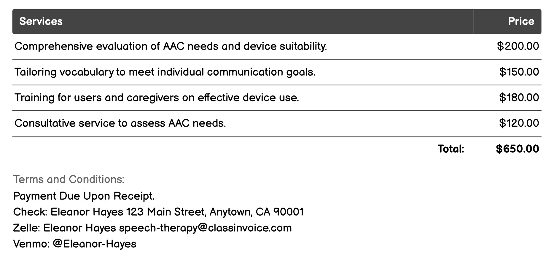 Augmentative and Alternative Communication (AAC) Invoice Example