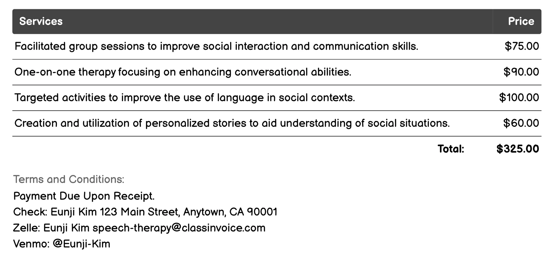 Social Communication Intervention Invoice Example