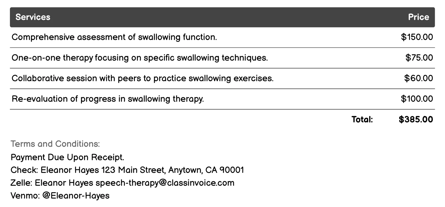 Swallowing Therapy Invoice Example