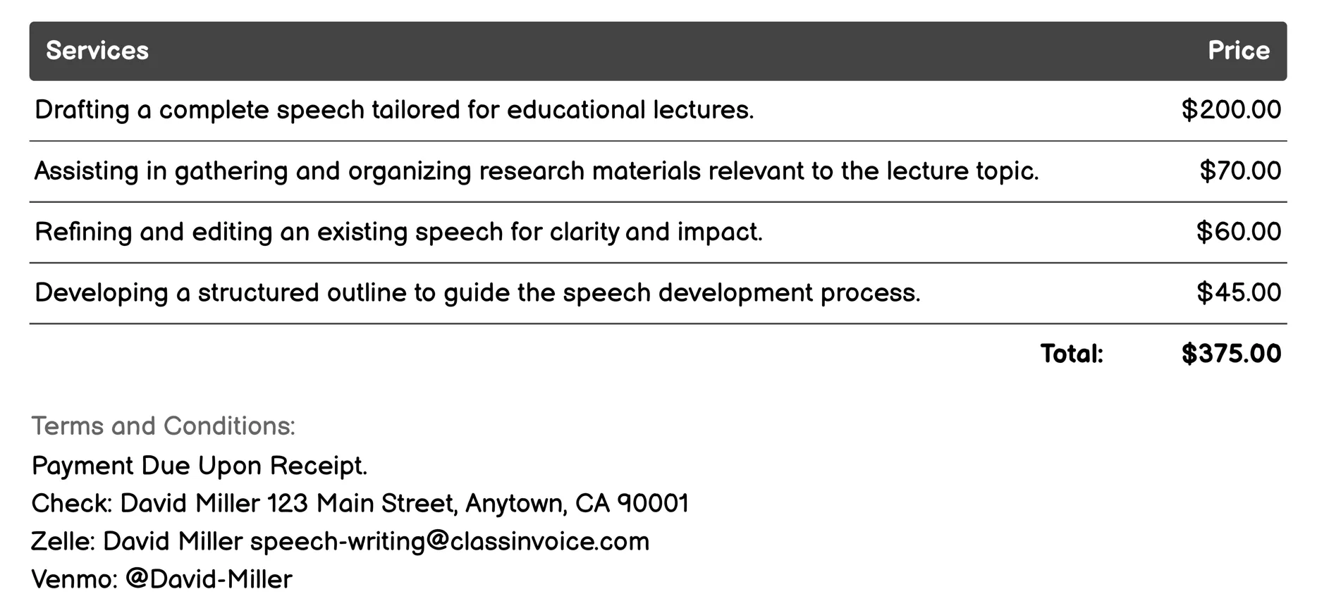 Educational Lectures Invoice Example