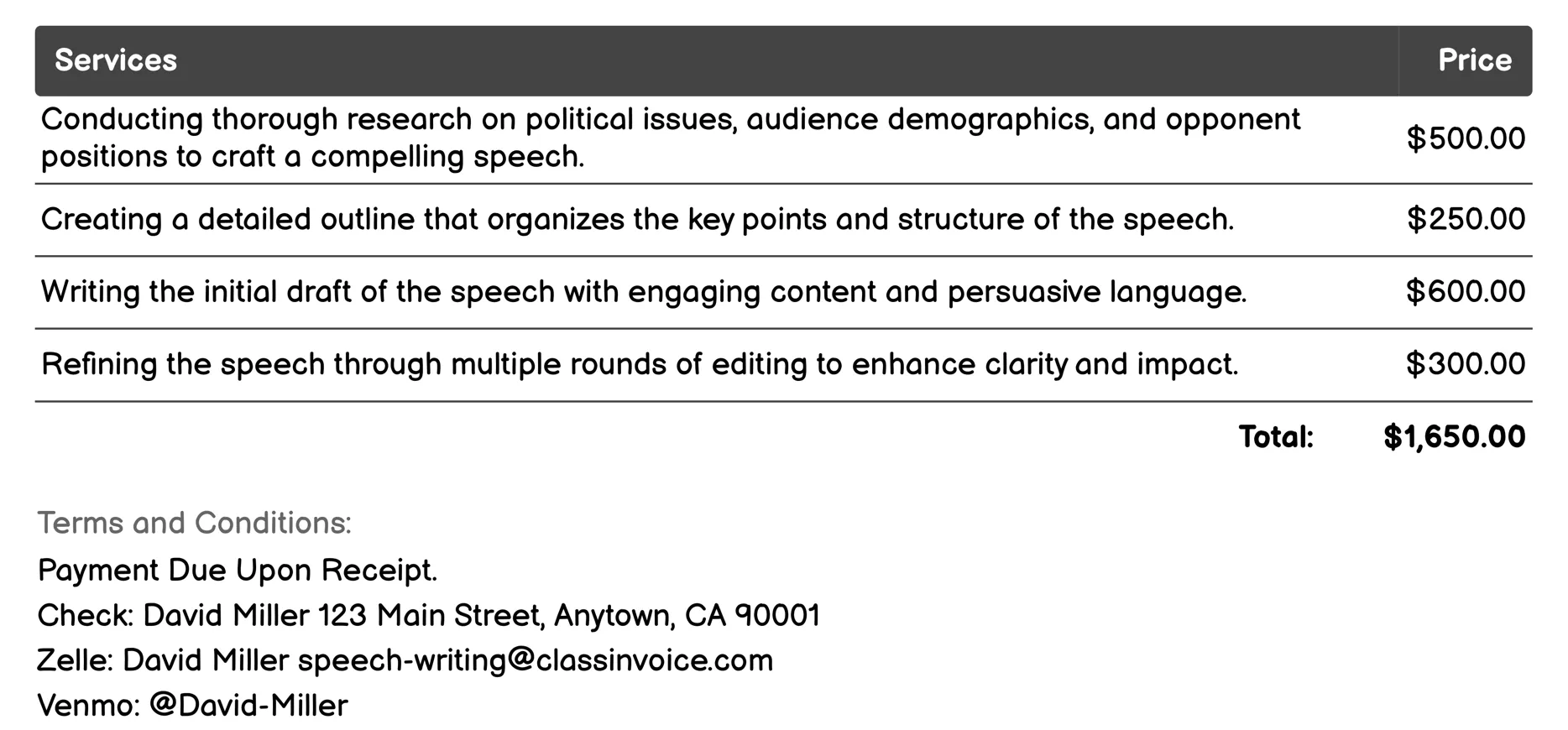 Political Speechwriting Invoice Example