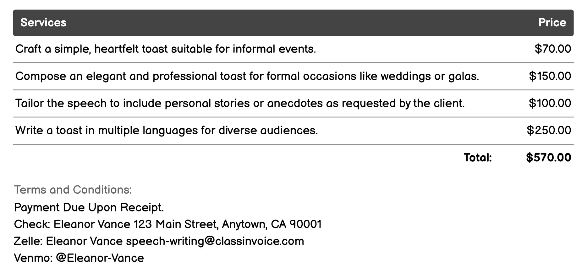 Toast Writing Invoice Example