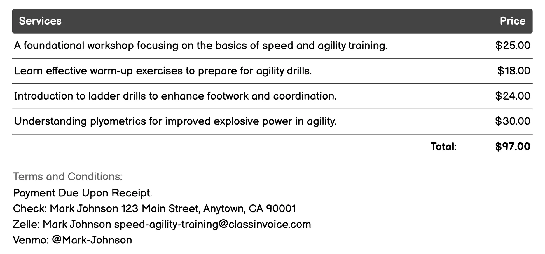 Beginner Workshops Invoice Example