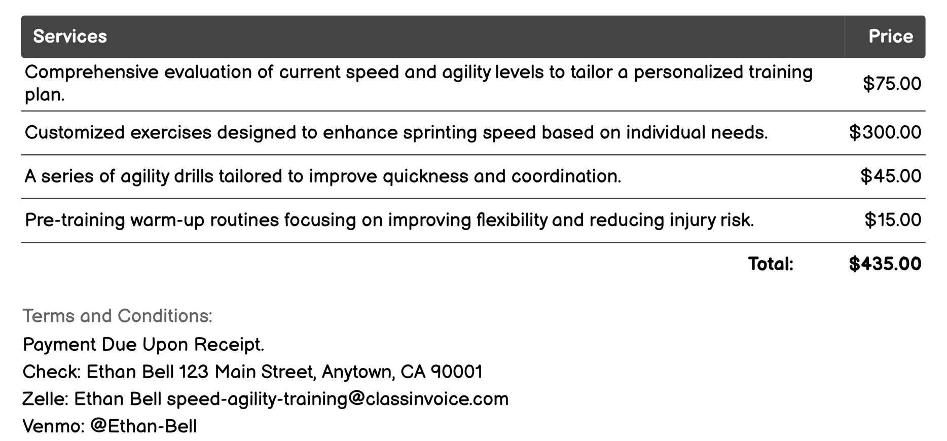 Personalized Training Plans Invoice Example