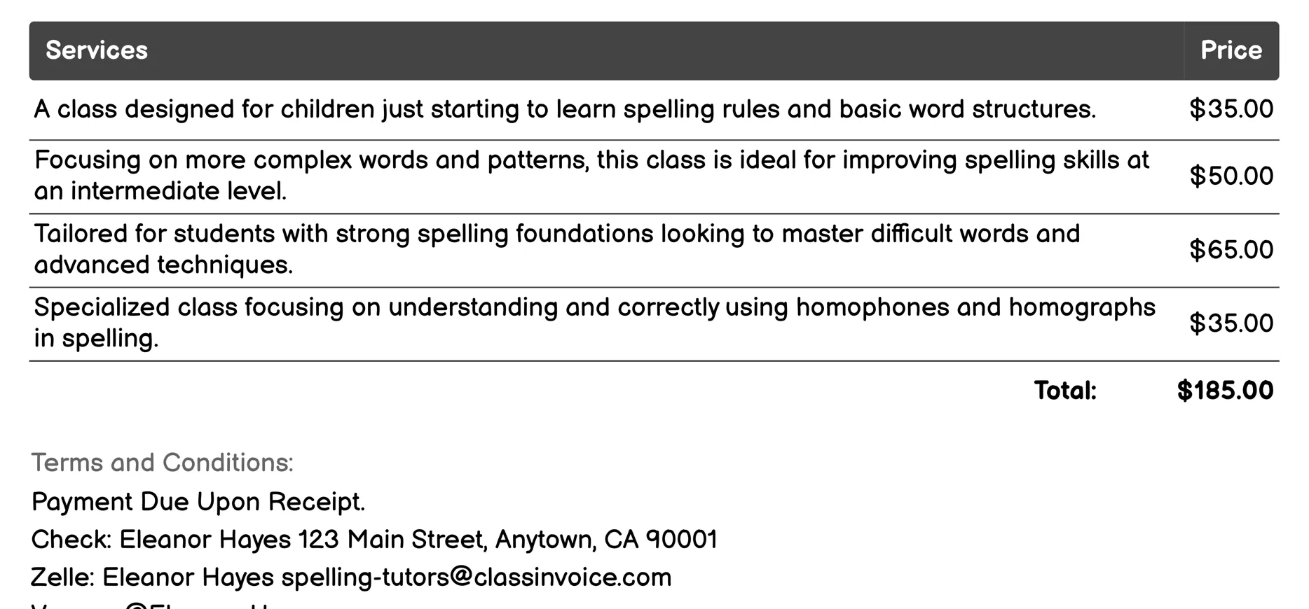 Group Spelling Classes Invoice Example