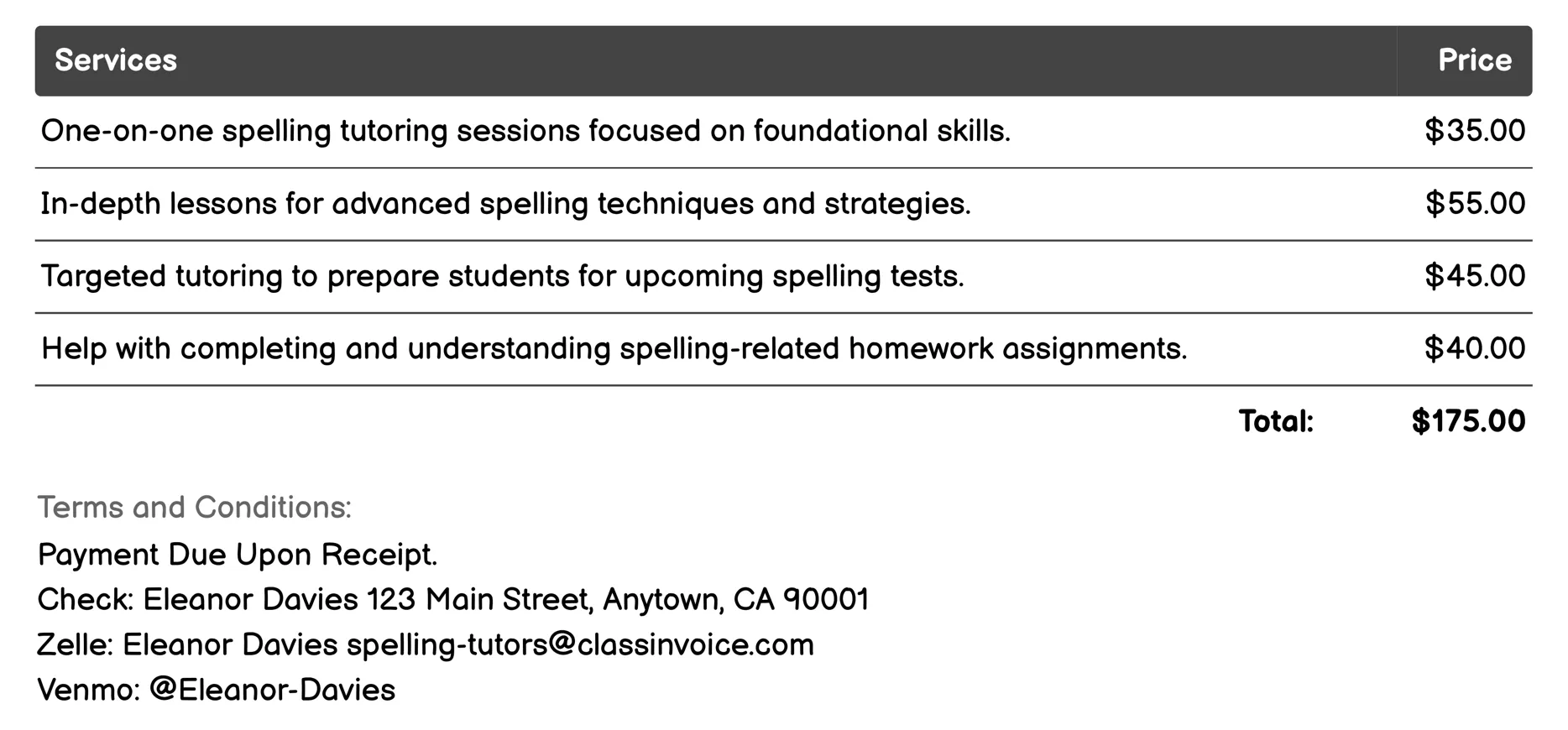 In-Person Spelling Tutor Invoice Example
