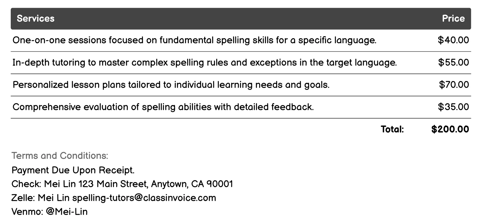 Language-Specific Spelling Tutoring Invoice Example