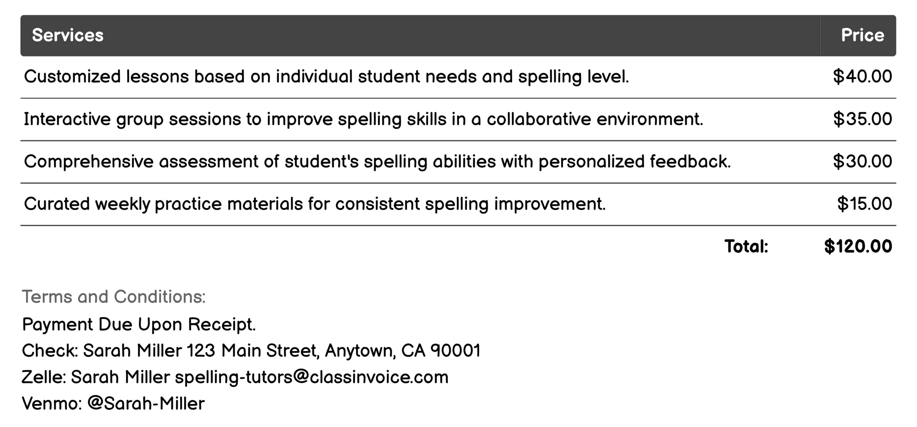 Online Spelling Tutor Invoice Example