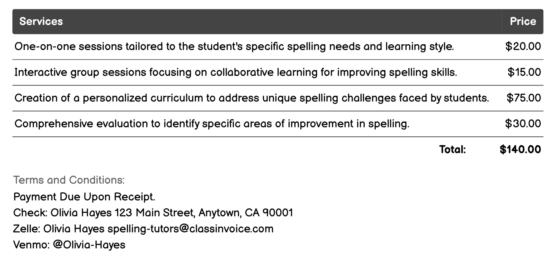 Special Education Spelling Tutoring Invoice Example