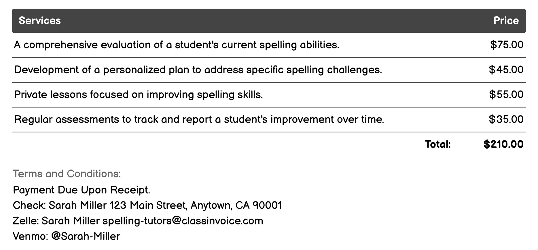 Spelling Assessment Services Invoice Example