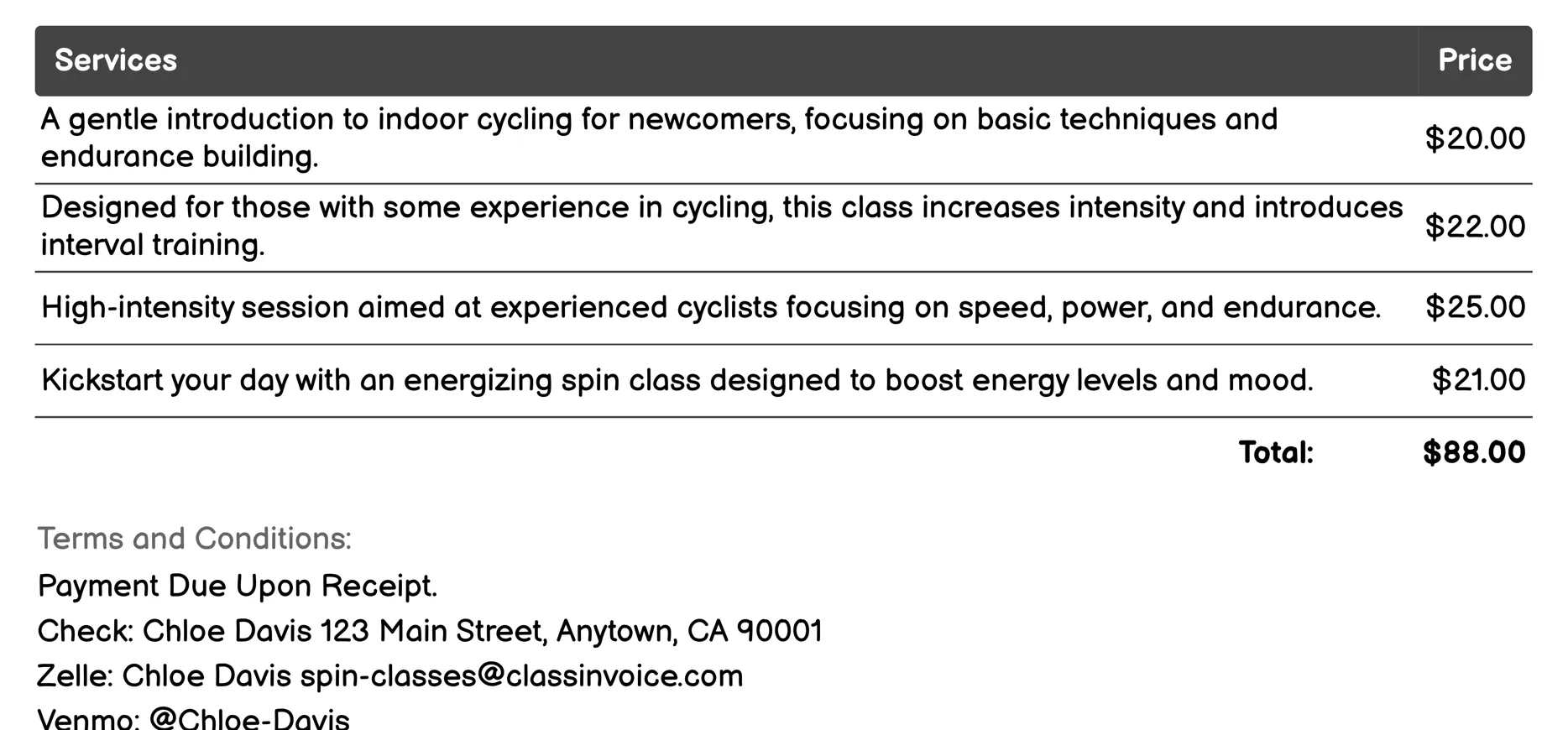 Indoor Cycling Tour Invoice Example