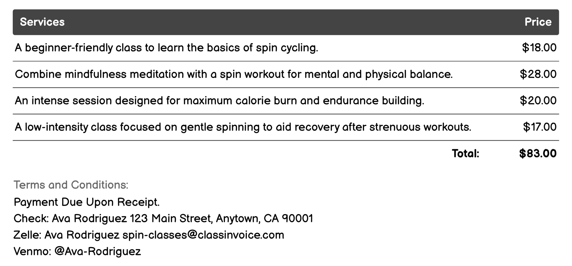 Mindful Spin Invoice Example