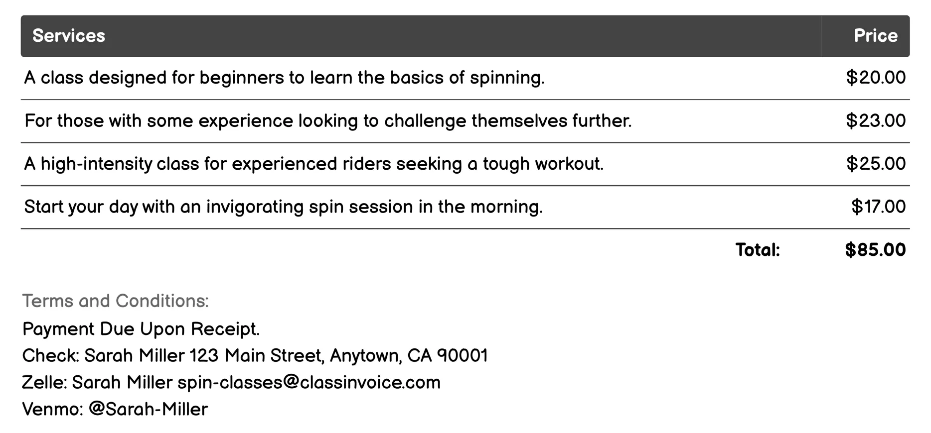 Spin Challenge Invoice Example