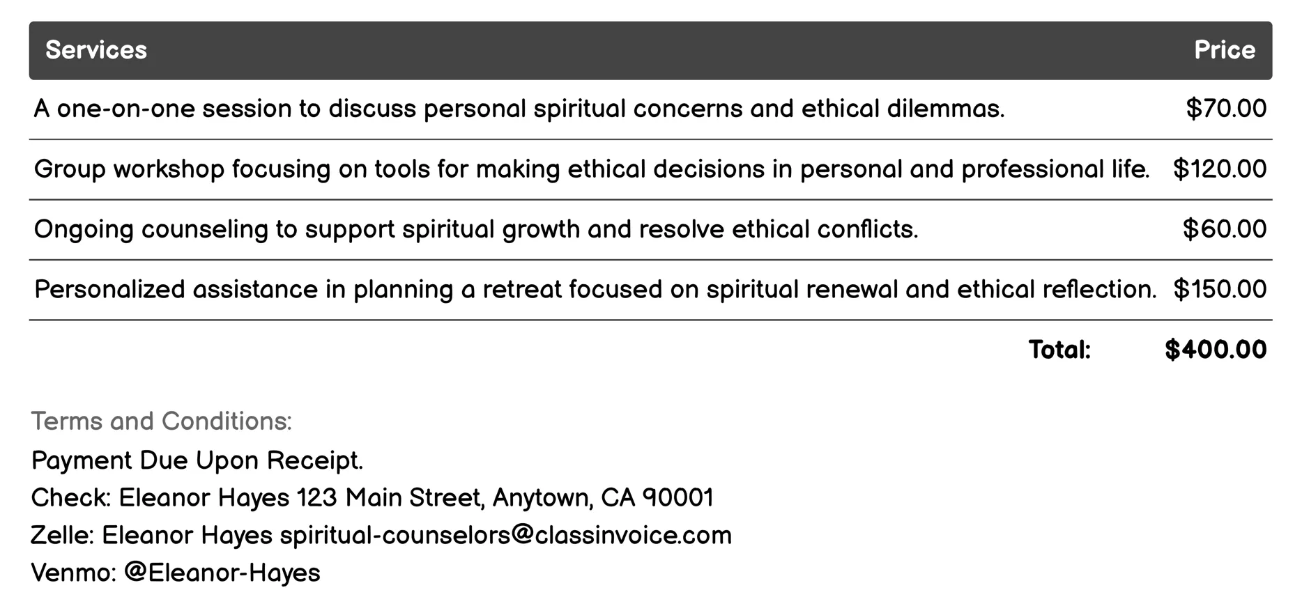 Ethical Consultation Invoice Example