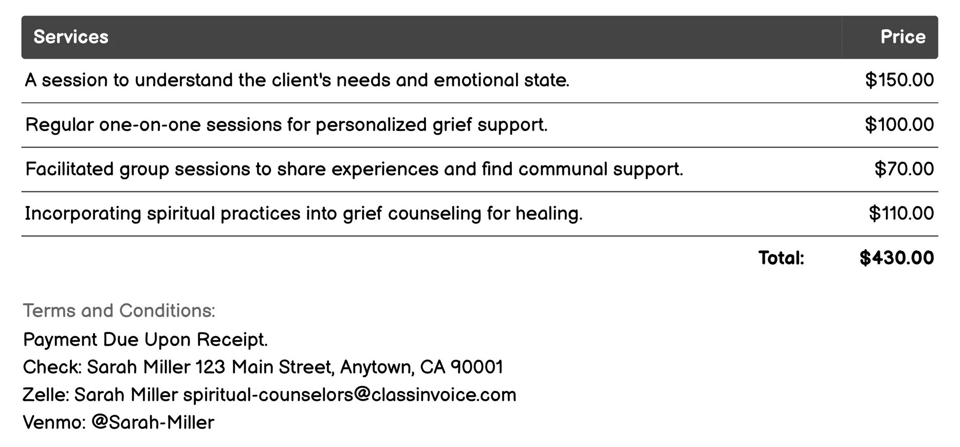 Grief Counseling Invoice Example