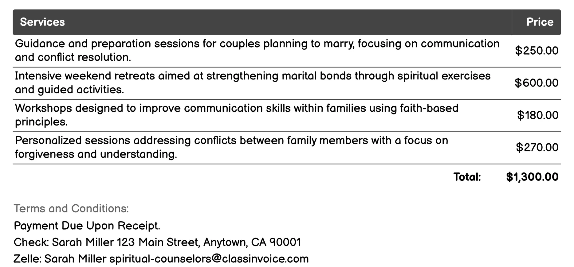 Marriage and Family Therapy Invoice Example