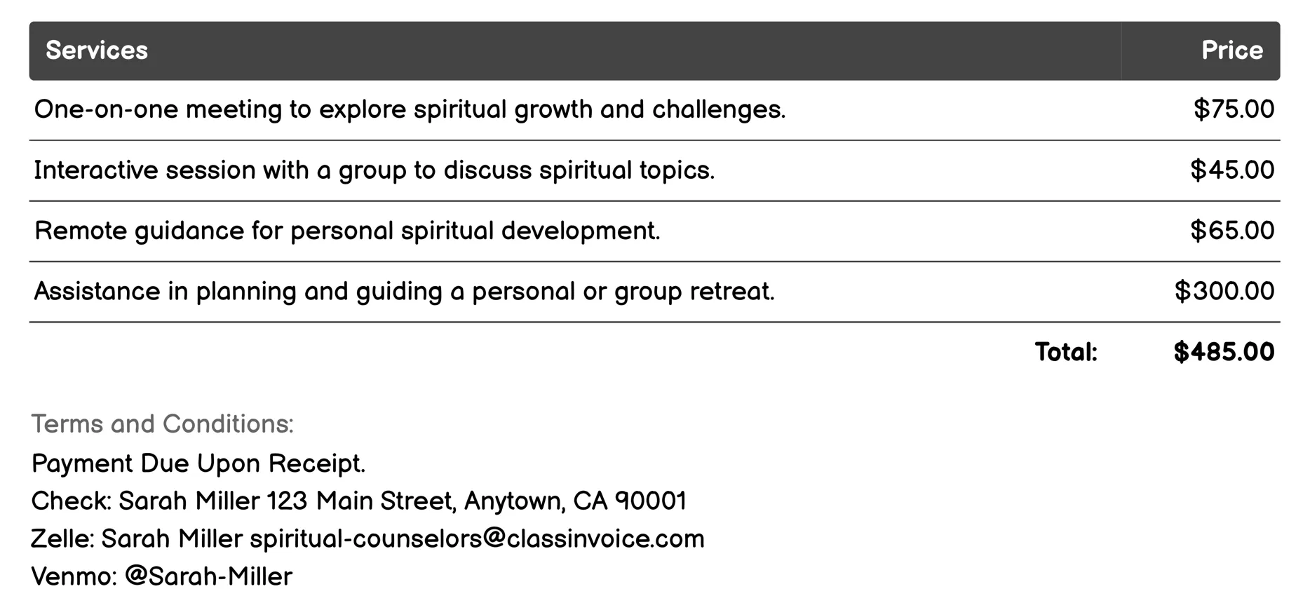 Spiritual Direction Invoice Example