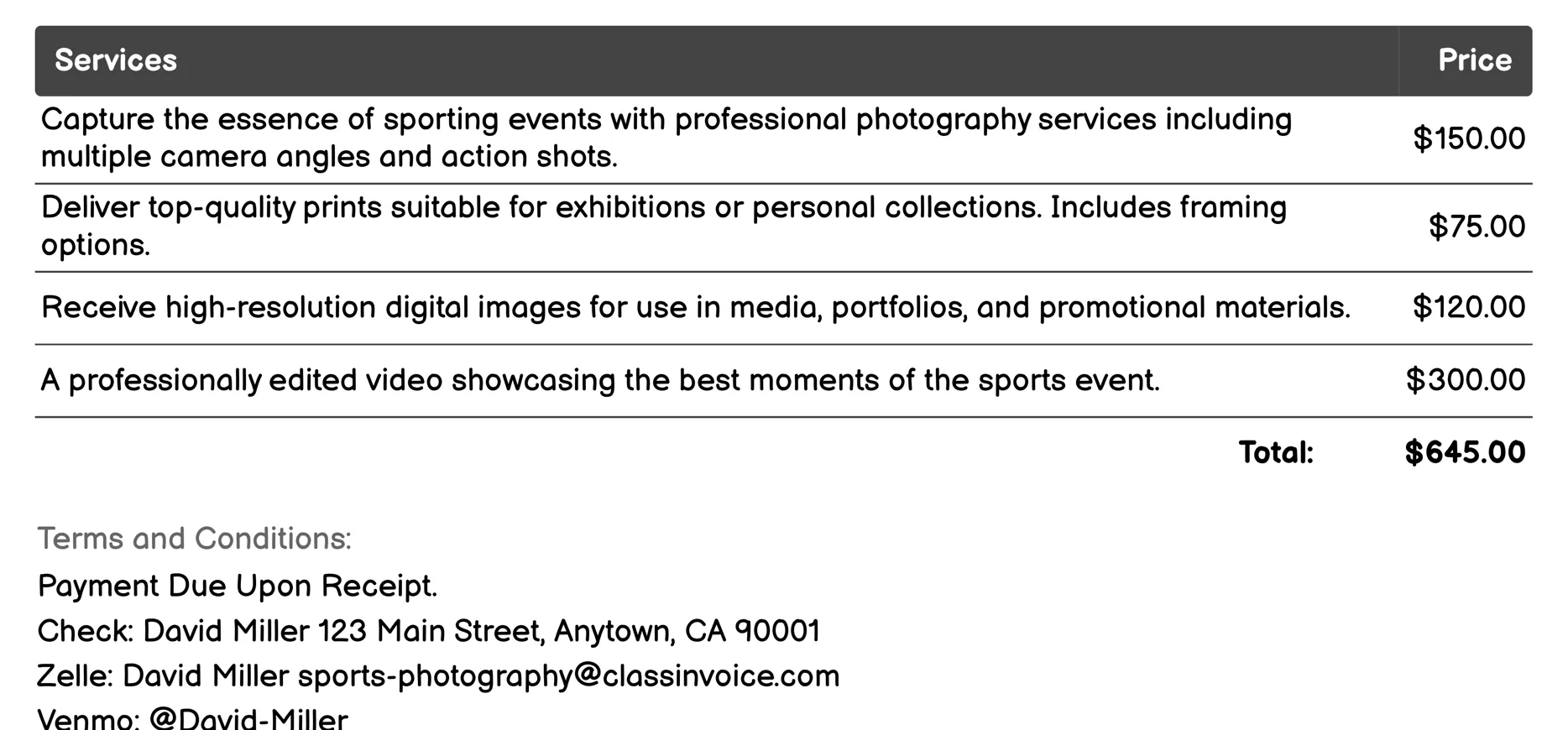 Photo Packages Invoice Example