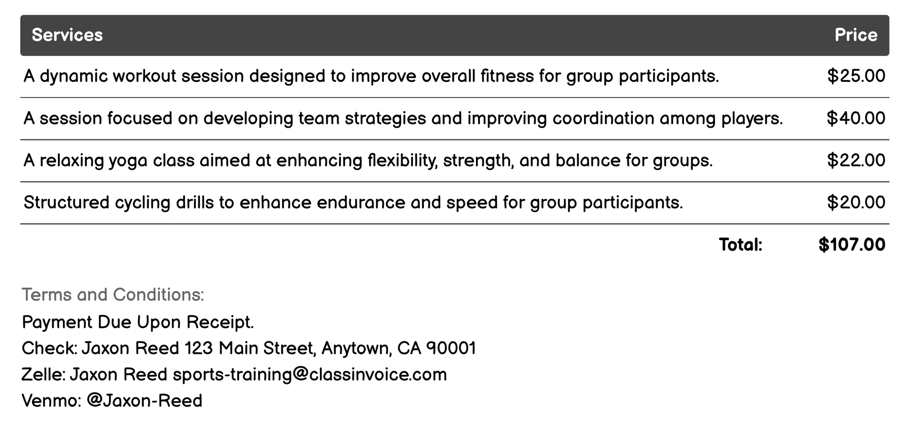 Group Training Sessions Invoice Example