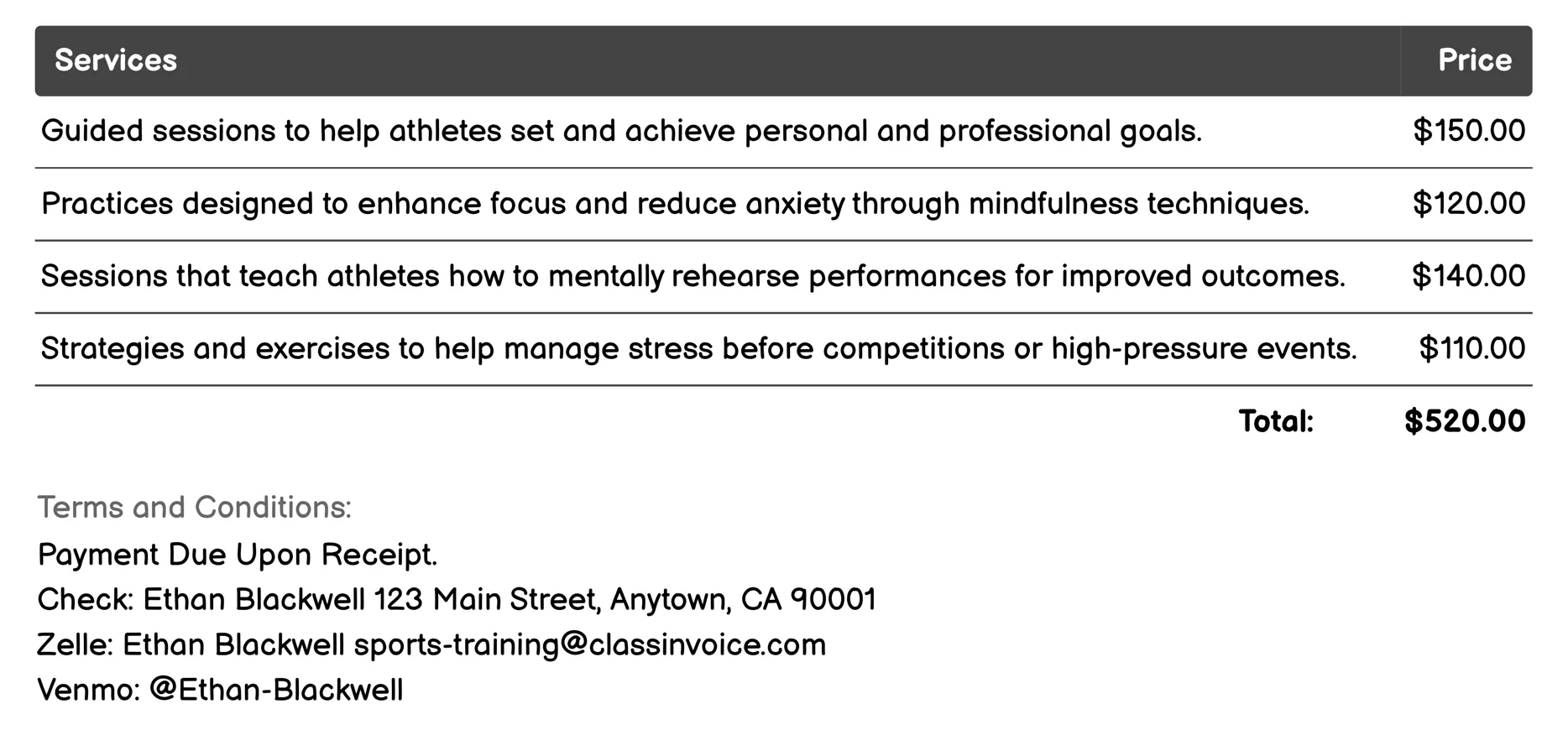 Mental Conditioning Invoice Example