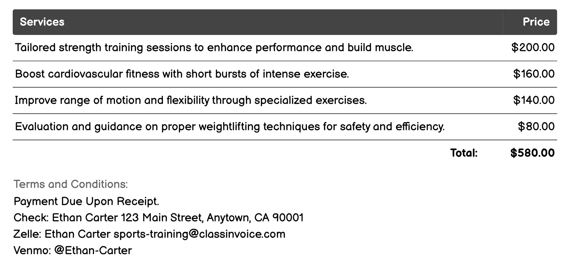Strength and Conditioning Programs Invoice Example