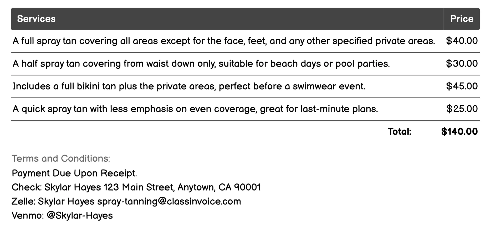 Bikini Spray Tan Invoice Example