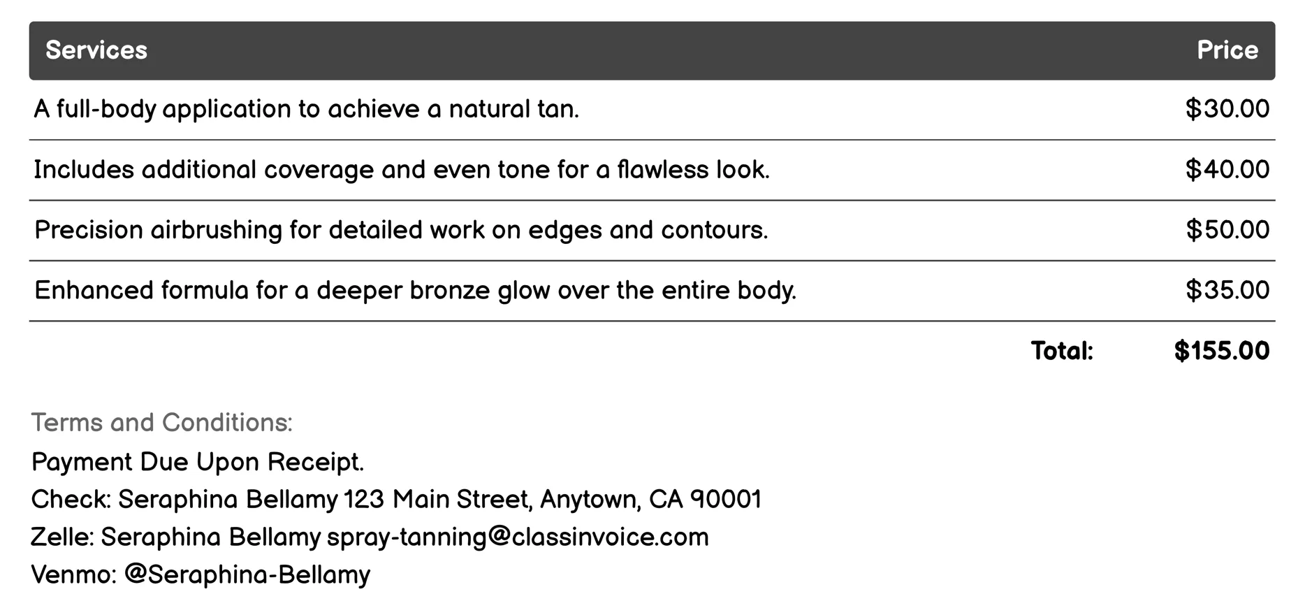Full Body Spray Tan Invoice Example