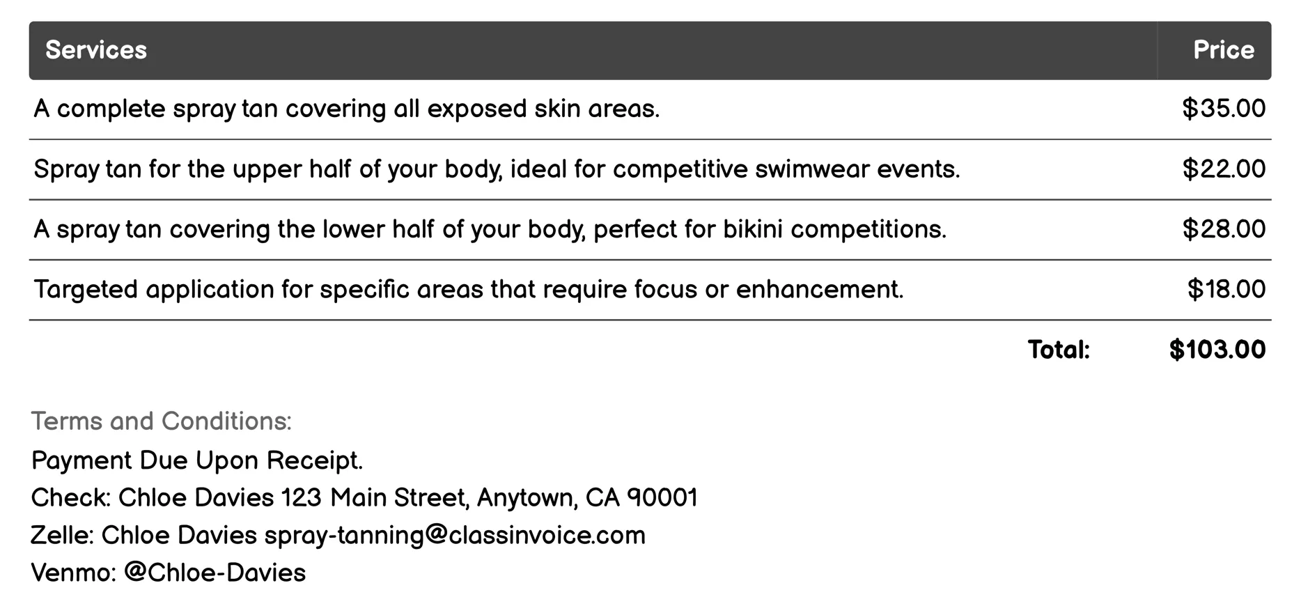 Spray Tan for Swimmers Invoice Example