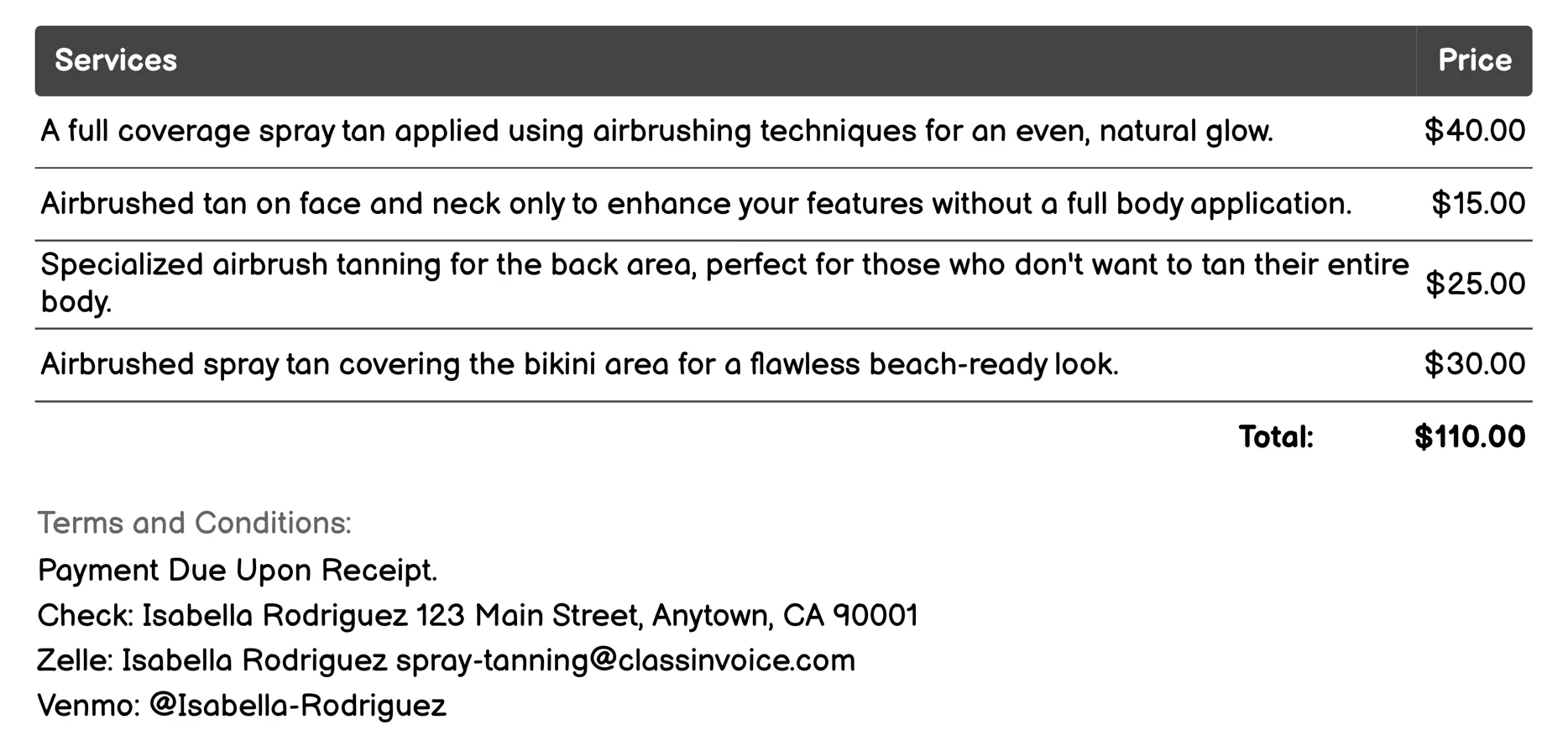 Spray Tan with Airbrushing Techniques Invoice Example