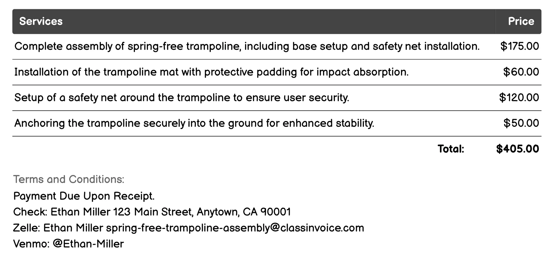 Seasonal Reassembly Invoice Example