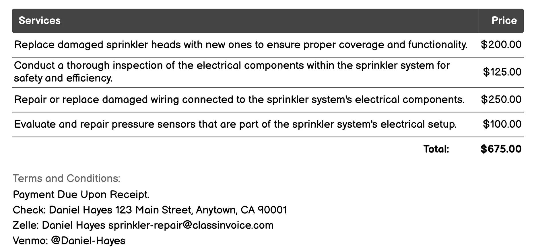 Electrical System Repair Invoice Example