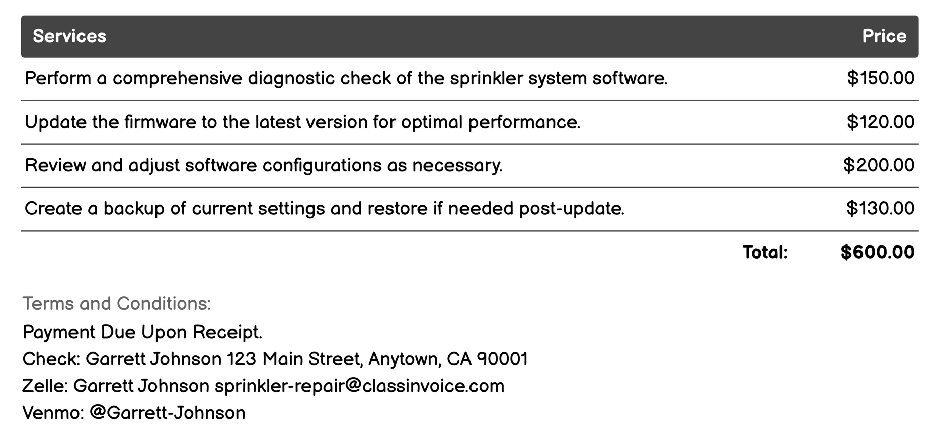 Software Update Invoice Example