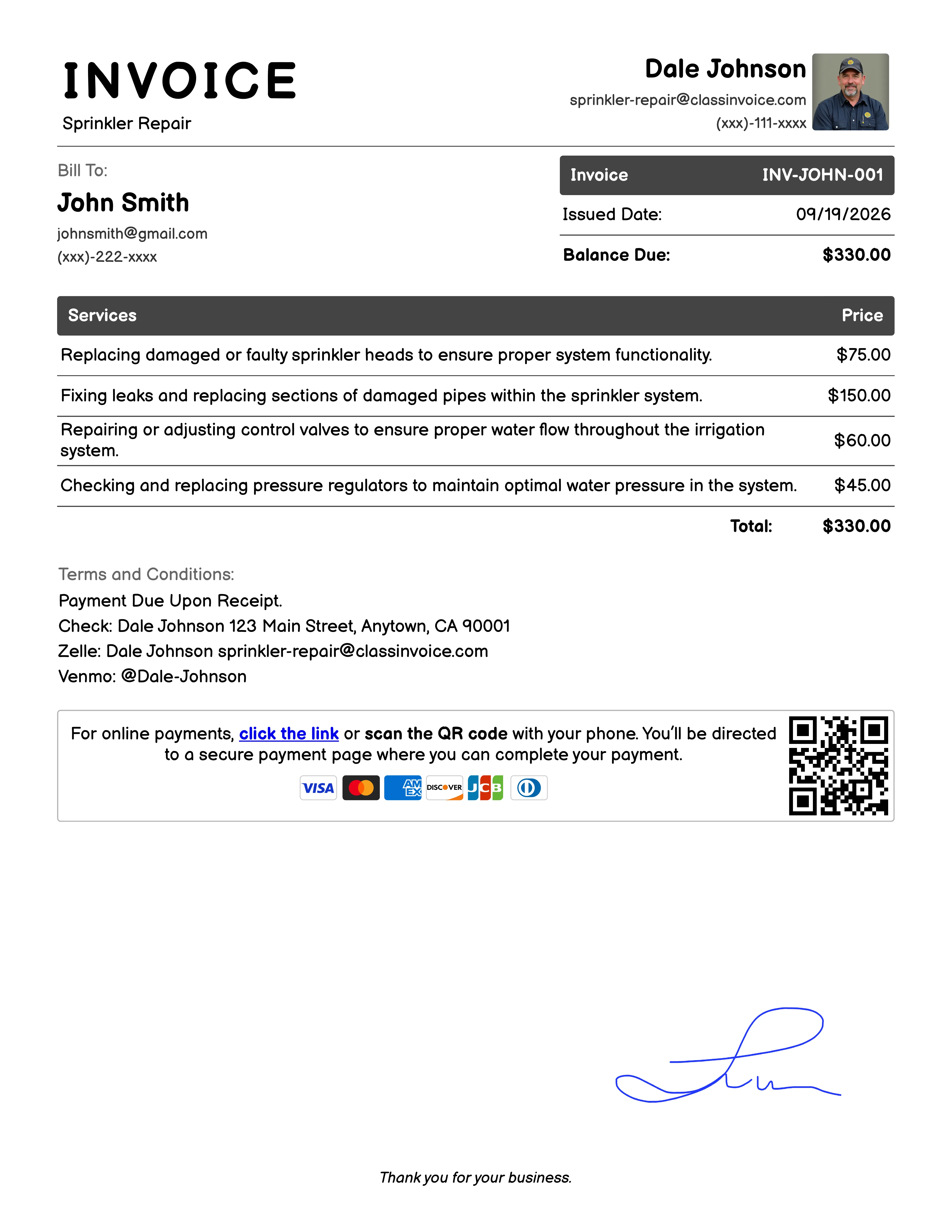 Sprinkler Repair Invoice Example